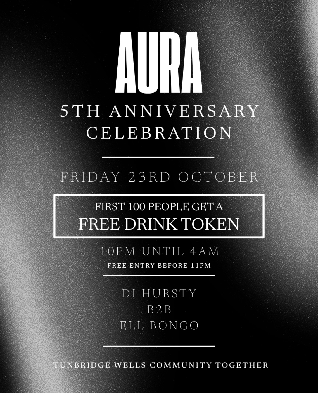 Aura family this is the moment you have ALL been waiting for 👀We’re celebrating our 5th Year Anniversary and YOU ARE ALL INVITED! We have @djhursty & @ellbongo1 on the drums all night to make it that extra bit special 😮🥁To top it off we’re giving the FIRST 100 PEOPLE a drinks token for a FREE drink. Your choice of a shot, glass of prosseco or single spirit and mixer! ✨See you on the dancefloor. Let’s celebrate this huge moment in style!#tunbridgewells #party #kent #celebration #anniversary