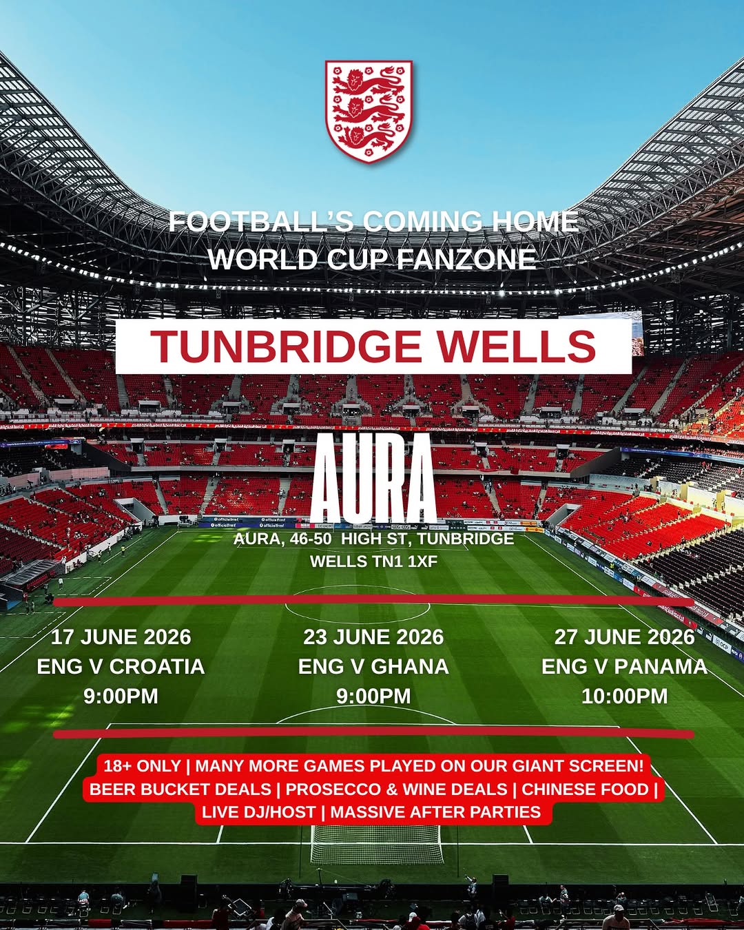 FOOTBALLS COMING HOME, IT’S COMING HOME 🦁We will be showing all England fixtures on the BIG SCREEN at Aura this Summer 🌞Come grab a beer, some food and celebrate the 3 lions 🏴󠁧󠁢󠁥󠁮󠁧󠁿 Drinks deals all summer long!