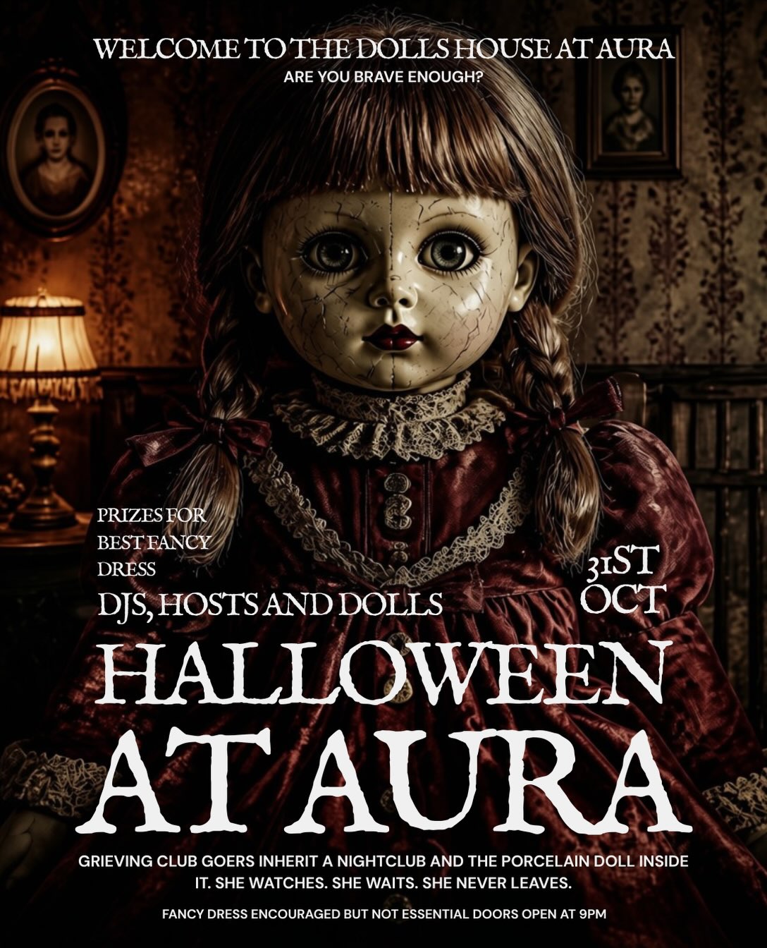 1 possessed Doll wasn’t enough….#DollshouseatauraShe had to bring 12 of her friend’s!Tickets for Halloween are on sale as we speak. Early birds are limited and have nearly sold out. Get in there for a spooky night at aura.